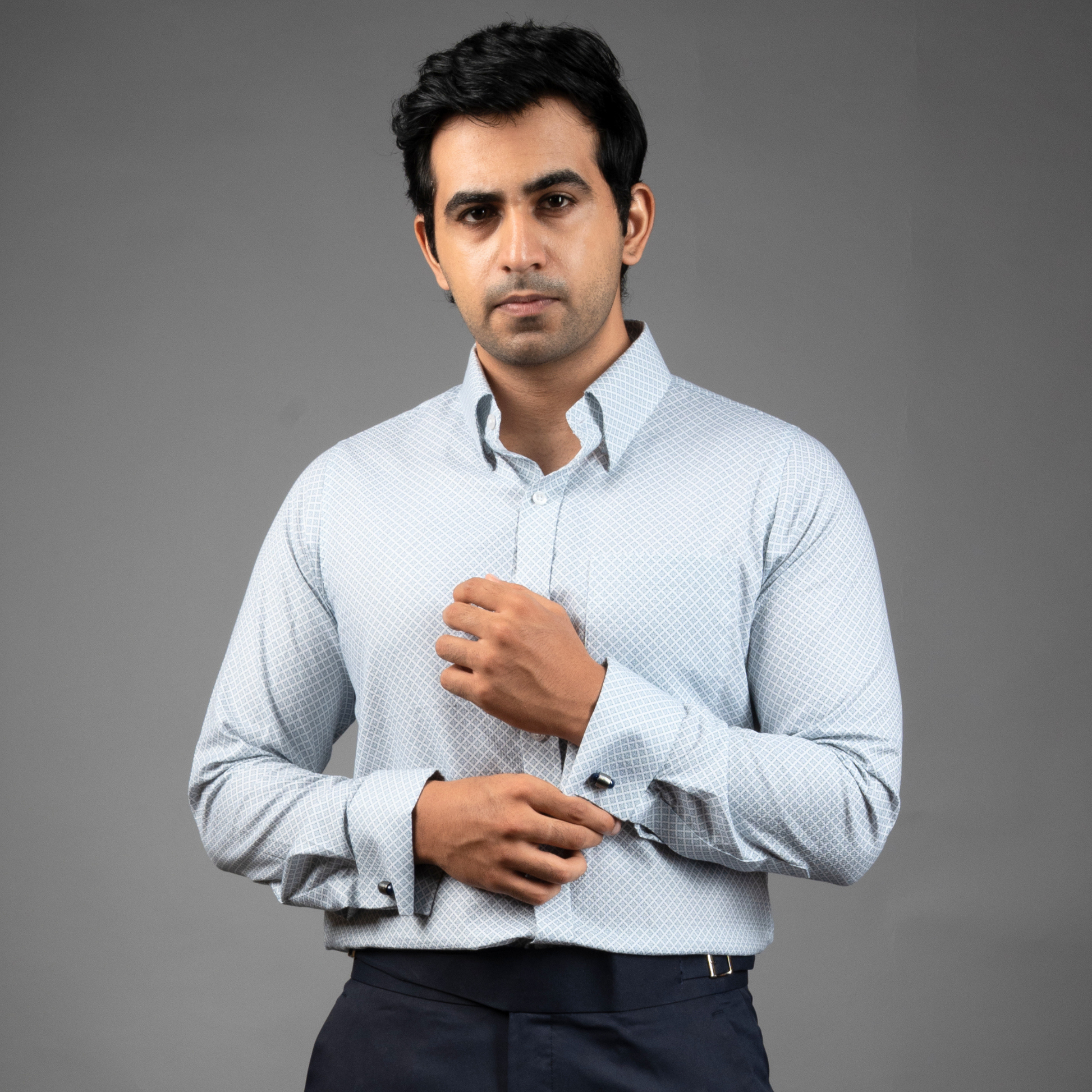 Grey Micro-Print Premium Luxury Cotton French Cuff Formal Shirt