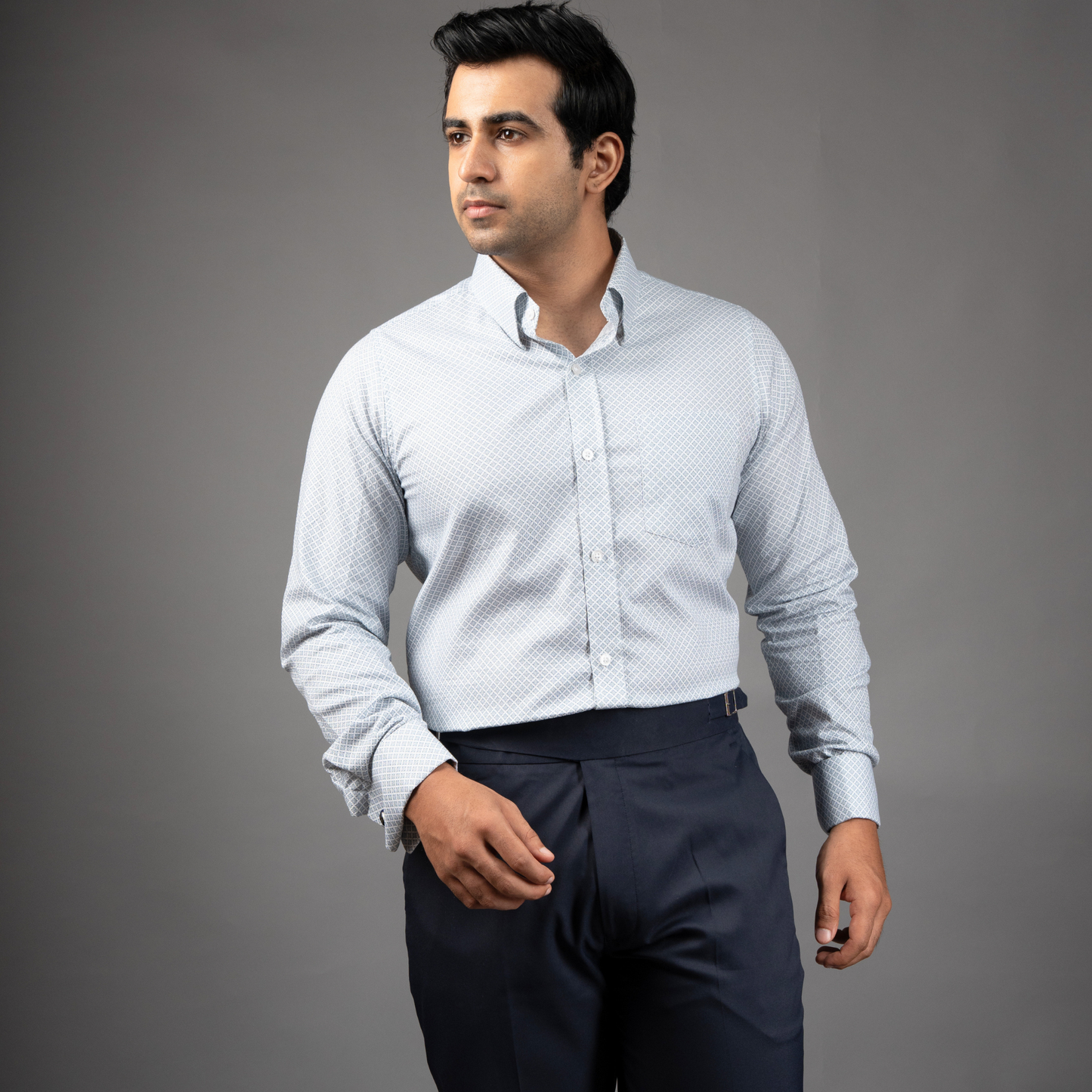 Grey Micro-Print Premium Luxury Cotton French Cuff Formal Shirt/ front view