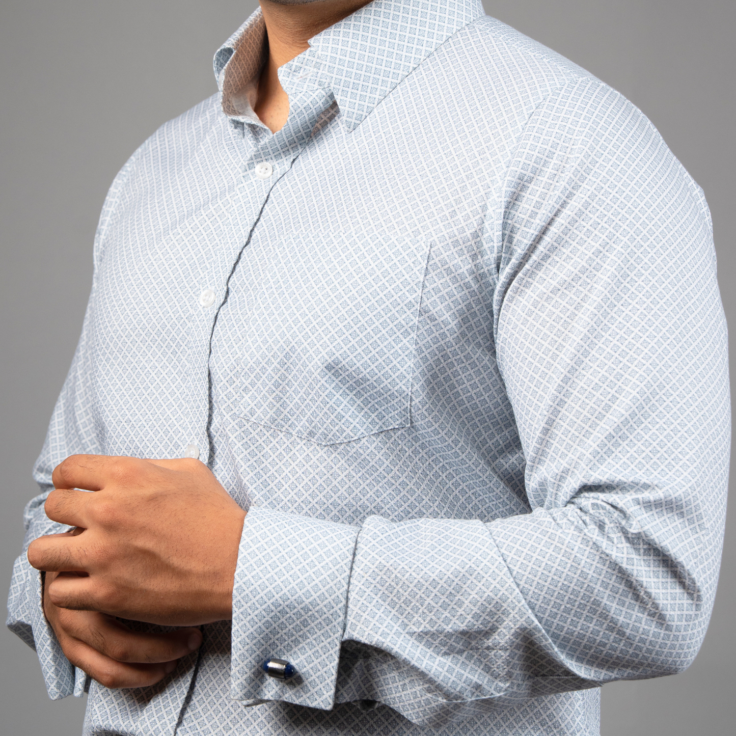 Grey Micro-Print Premium Luxury Cotton French Cuff Formal Shirt/ side view