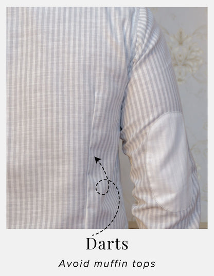 Grey Striped Linen Shirt for Men – White Contrast Button-Down Collar | Dignity | Back Darts Detail View