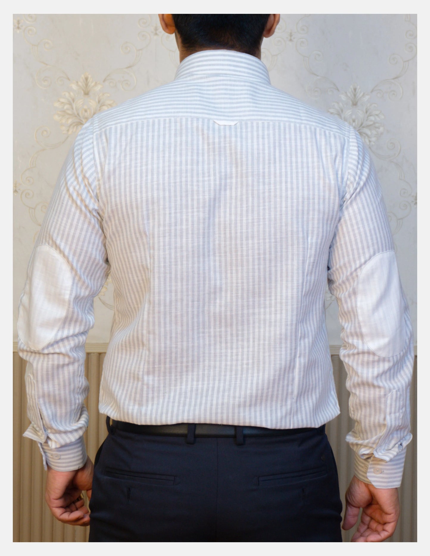 Grey Striped Linen Shirt for Men – White Contrast Button-Down Collar | Dignity | Back View with Elbow Patches