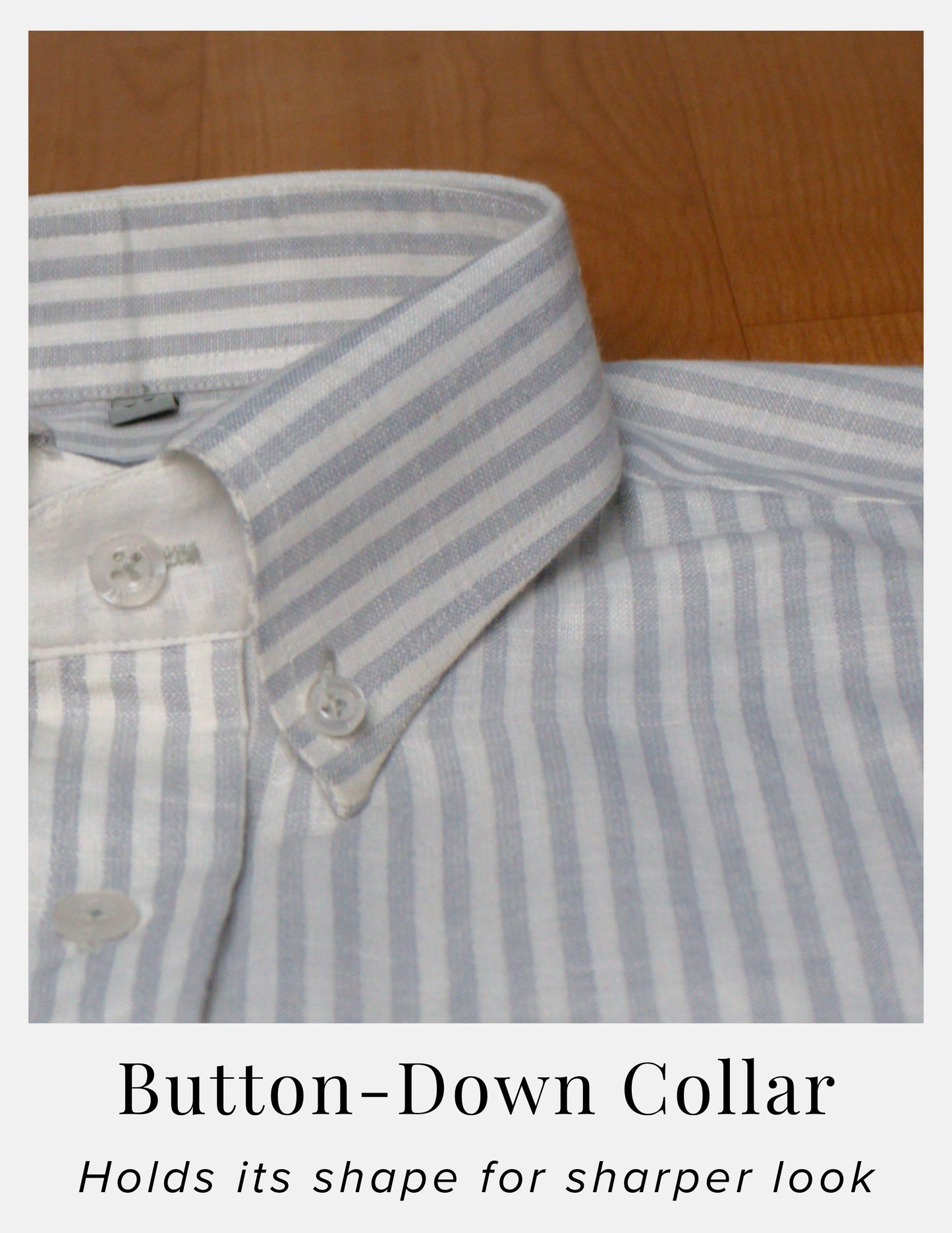 Grey Striped Linen Shirt for Men – White Contrast Button-Down Collar | Dignity | Button-Down Collar Detail View