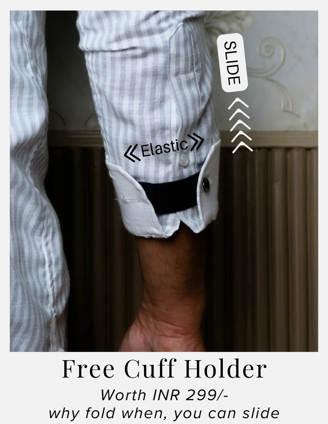 Grey Striped Linen Shirt for Men – White Contrast Button-Down Collar | Dignity | Complimentary Cuff Holder Detail View