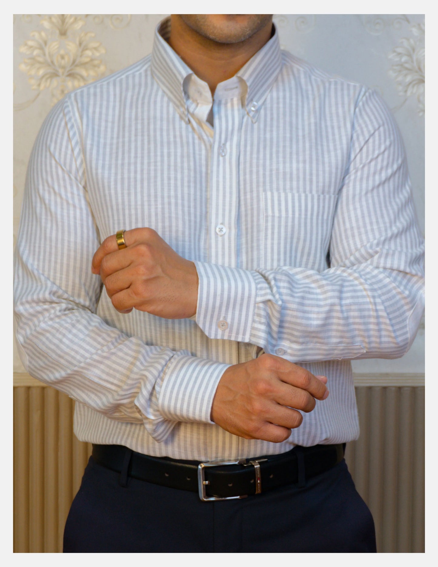 Grey Striped Linen Shirt for Men – White Contrast Button-Down Collar | Dignity | Cuff and Sleeve Detail View