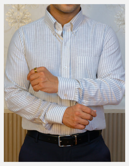 Grey Striped Linen Shirt for Men – White Contrast Button-Down Collar | Dignity | Cuff and Sleeve Detail View