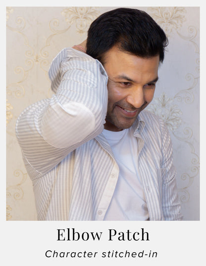 Grey Striped Linen Shirt for Men – White Contrast Button-Down Collar | Dignity | Elbow Patch Detail View