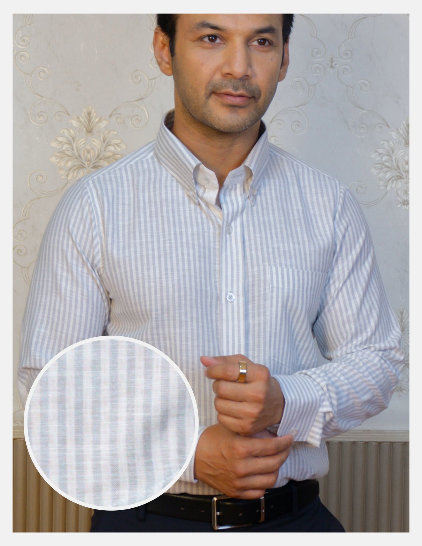 Grey Striped Linen Shirt for Men – White Contrast Button-Down Collar | Dignity | Fabric Texture Front View