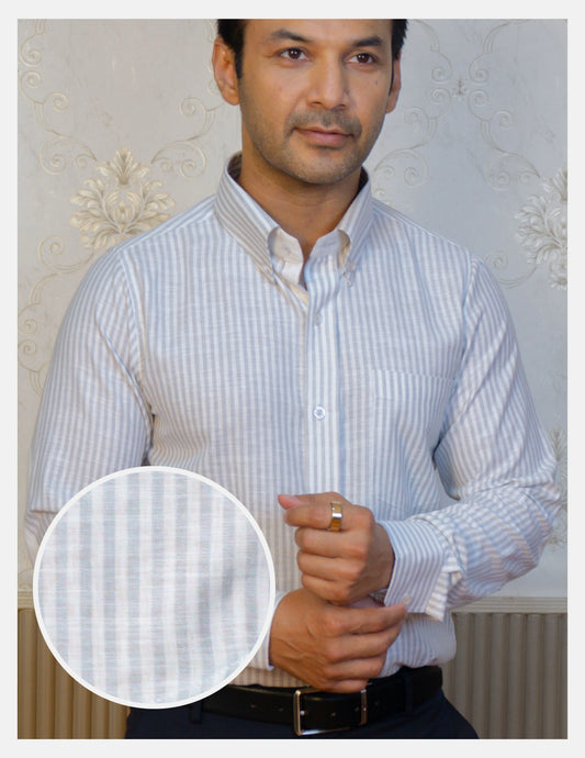 Grey Striped Linen Shirt for Men – White Contrast Button-Down Collar | Dignity | Fabric Texture Front View