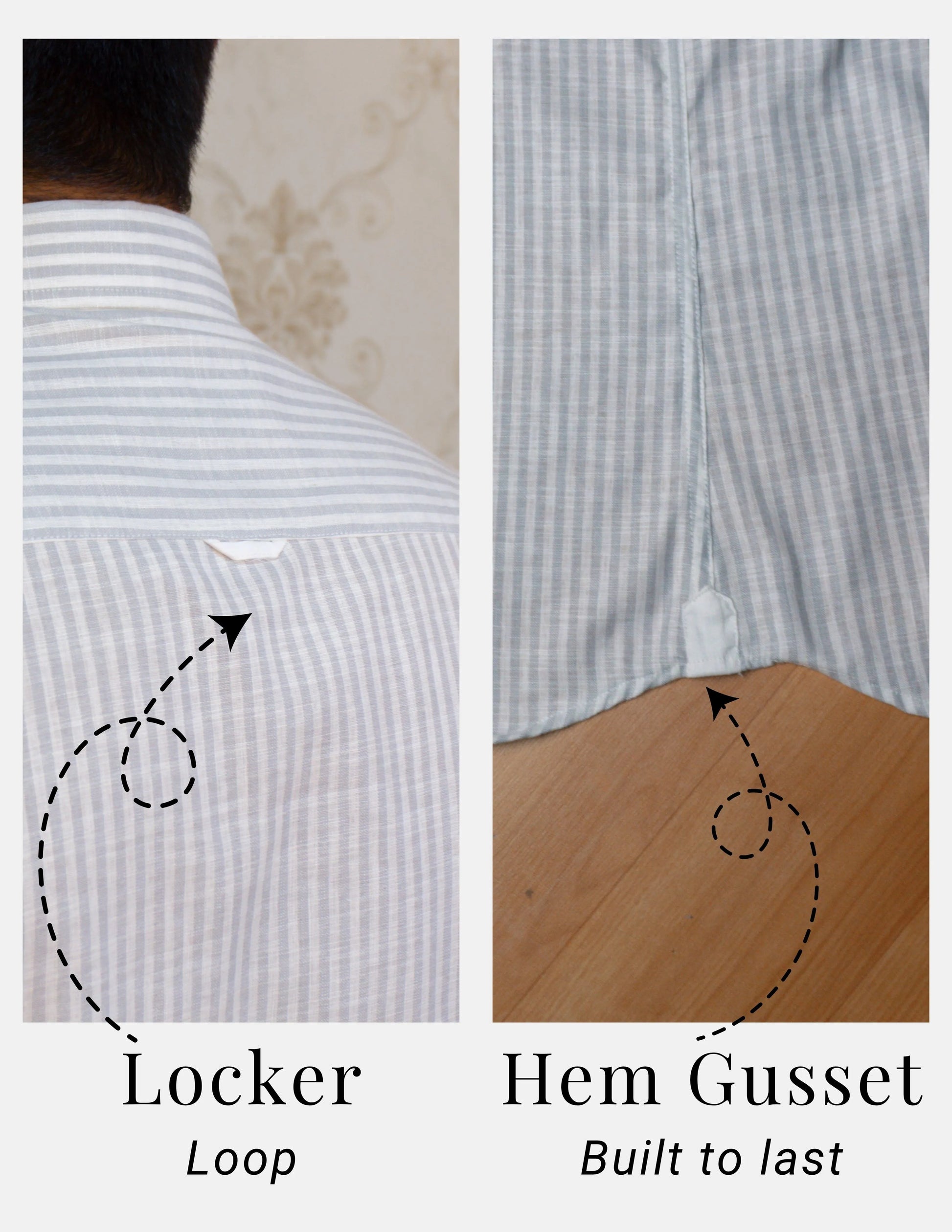 Grey Striped Linen Shirt for Men – White Contrast Button-Down Collar | Dignity | Locker Loop and Hem Gusset Detail View