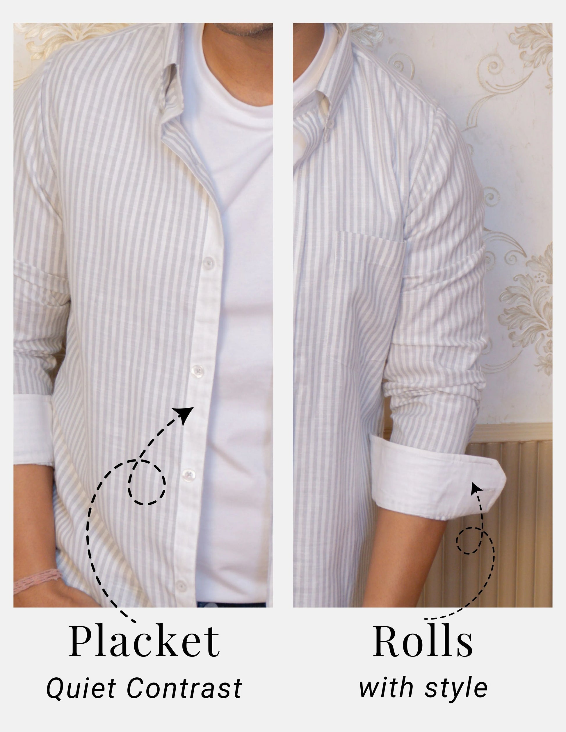 Grey Striped Linen Shirt for Men – White Contrast Button-Down Collar | Dignity | Placket and Turn-Up Sleeve Detail View