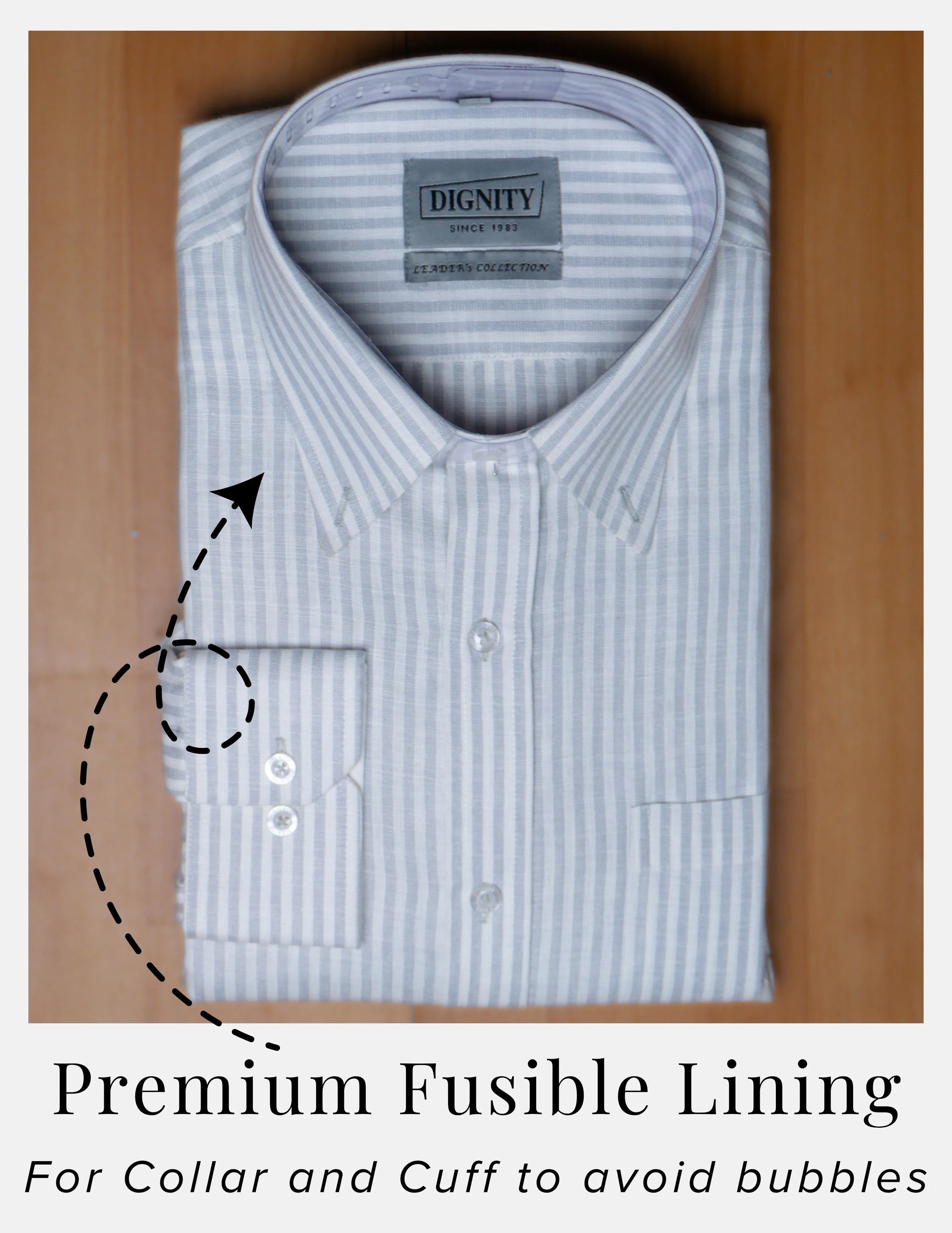 Grey Striped Linen Shirt for Men – White Contrast Button-Down Collar | Dignity | Premium Fusible Lining Collar and Cuff View