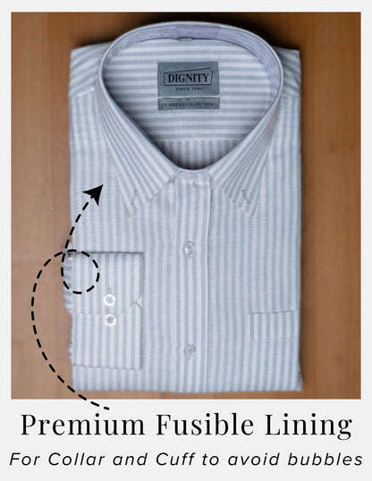 Grey Striped Linen Shirt for Men – White Contrast Button-Down Collar | Dignity | Premium Fusible Lining Collar and Cuff View
