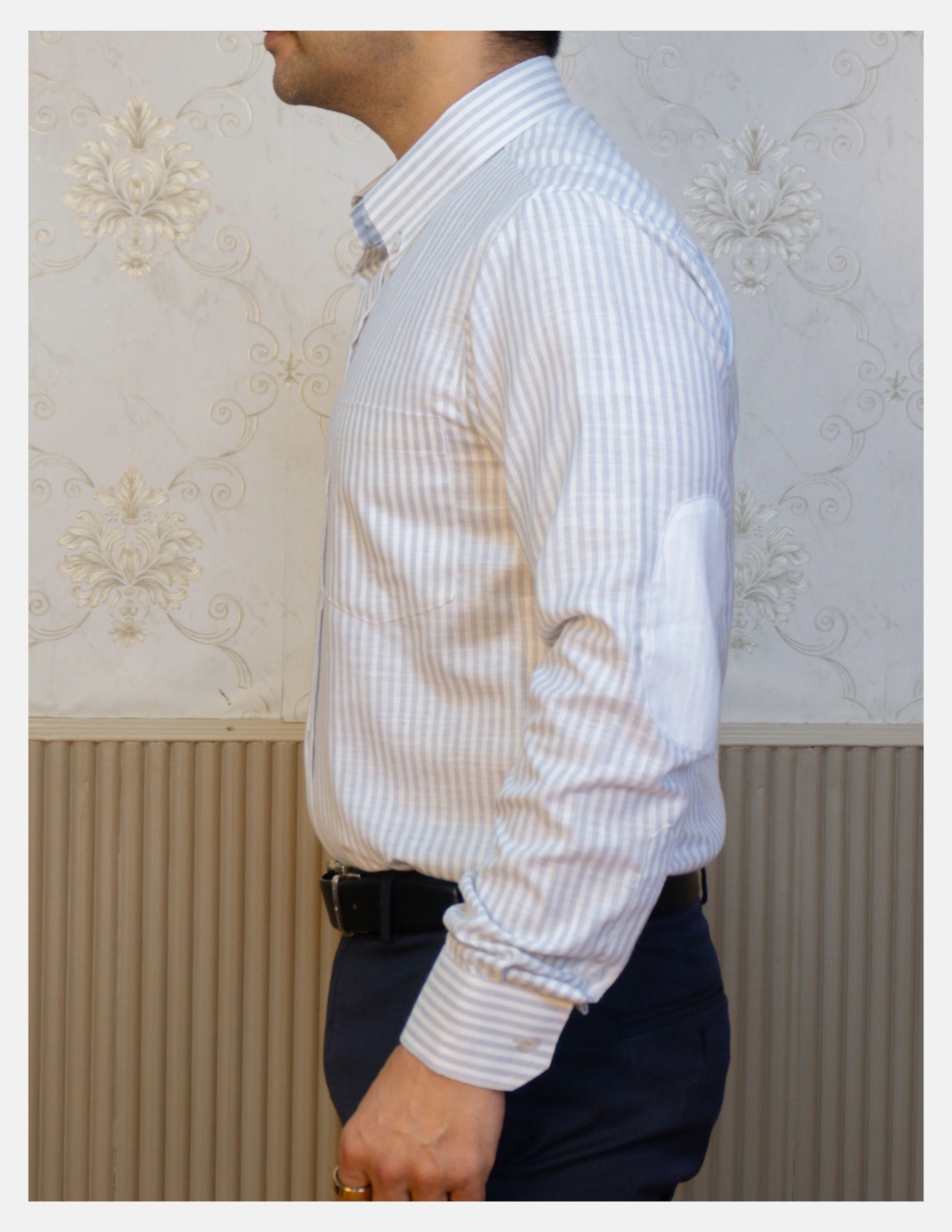 Grey Striped Linen Shirt for Men – White Contrast Button-Down Collar | Dignity | Side View with Elbow Patch
