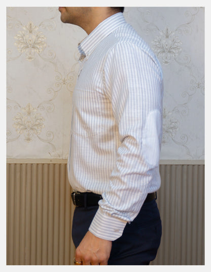 Grey Striped Linen Shirt for Men – White Contrast Button-Down Collar | Dignity | Side View with Elbow Patch