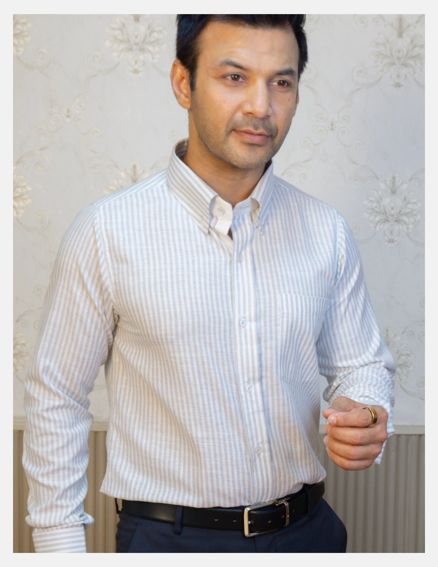 Grey Striped Linen Shirt for Men – White Contrast Button-Down Collar | Dignity | Tucked-In Smart Formal View