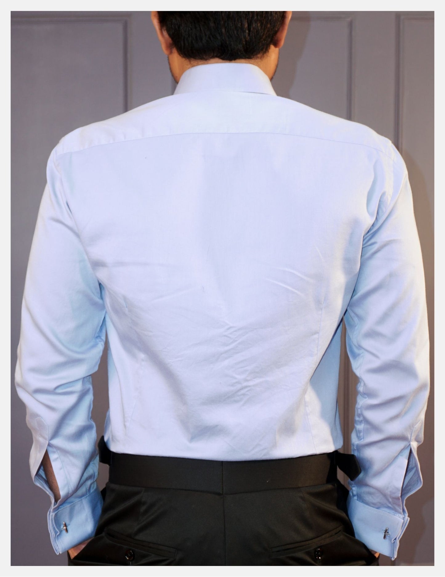 Light Blue Cotton Satin Formal Shirt for Men – French Cuffs | Dignity | Back View
