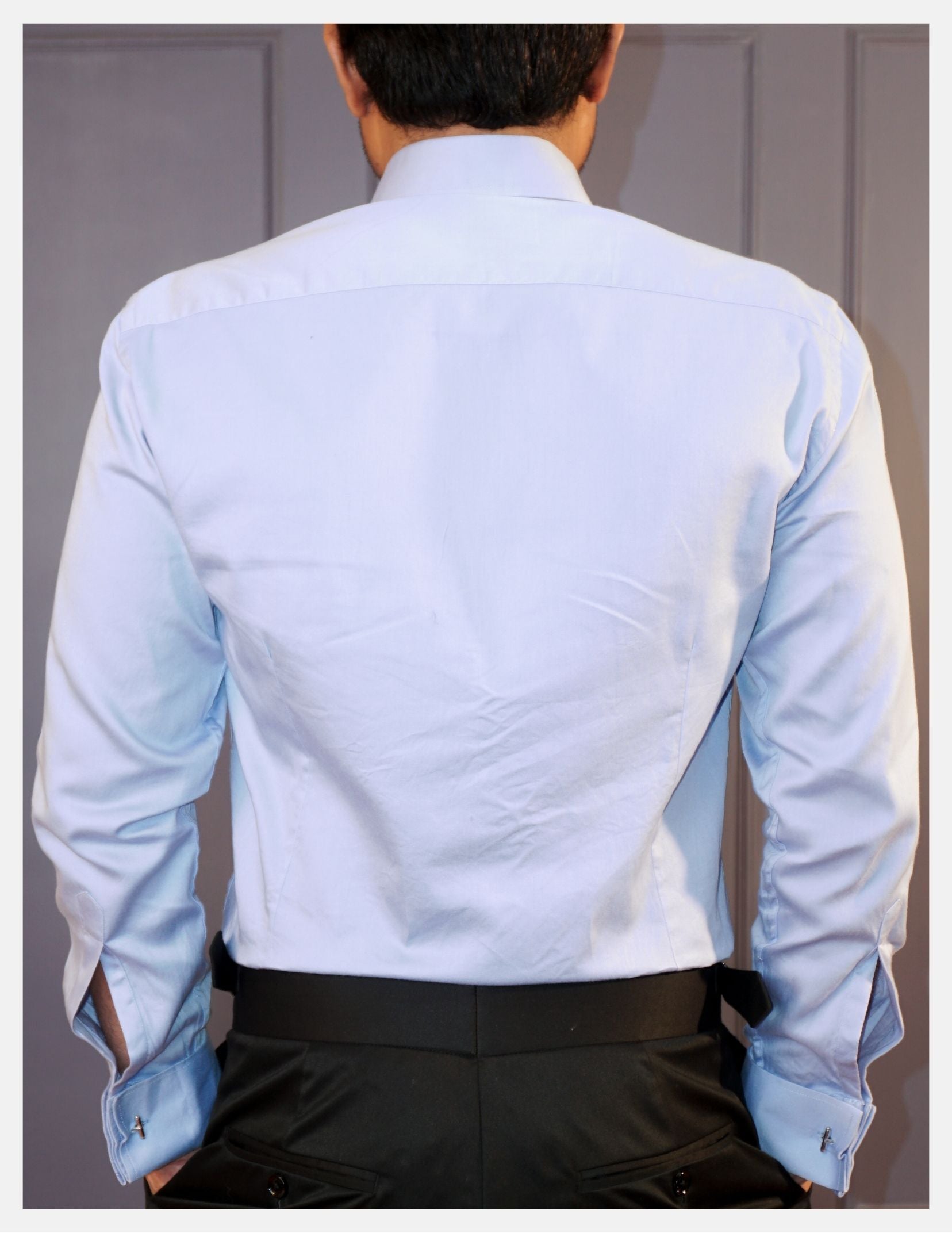 Light Blue Cotton Satin Formal Shirt for Men – French Cuffs | Dignity | Back View