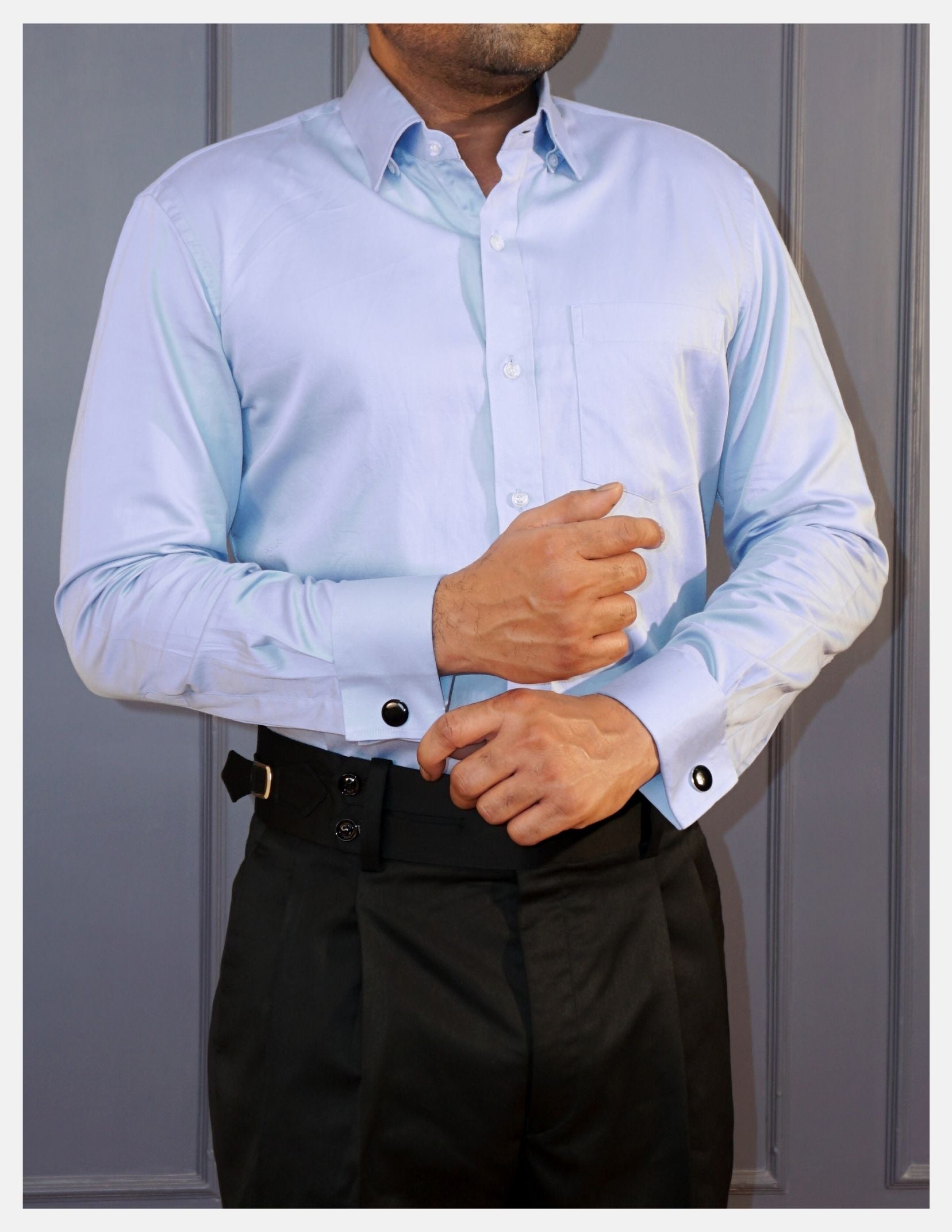 Light Blue Cotton Satin Formal Shirt for Men – French Cuffs | Dignity | Front View
