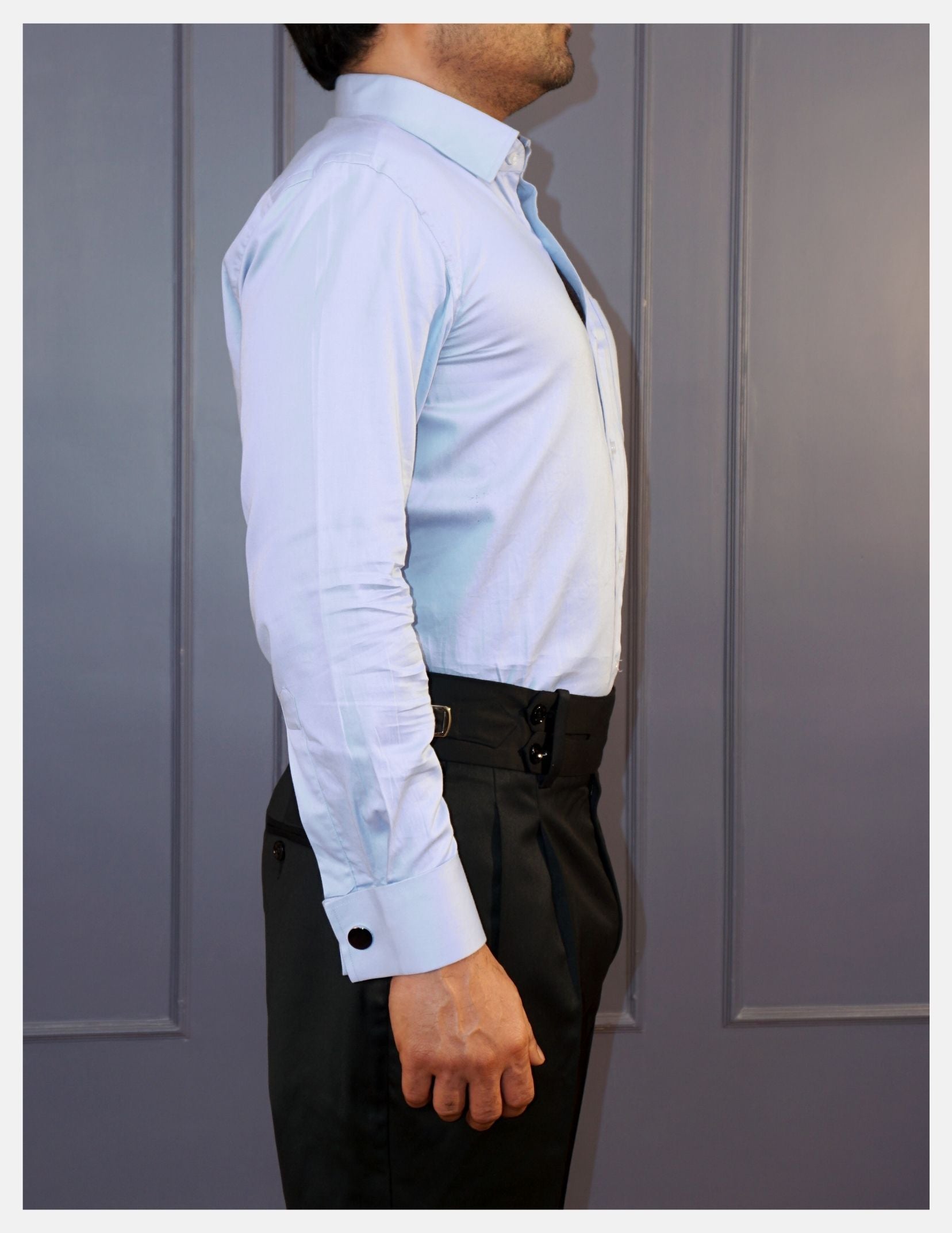 Light Blue Cotton Satin Formal Shirt for Men – French Cuffs | Dignity | Side View