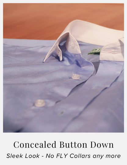 Light Blue Oxford Formal Shirt for Men – White Contrast Collar & French Cuffs | Dignity | Concealed Button Down Collar View