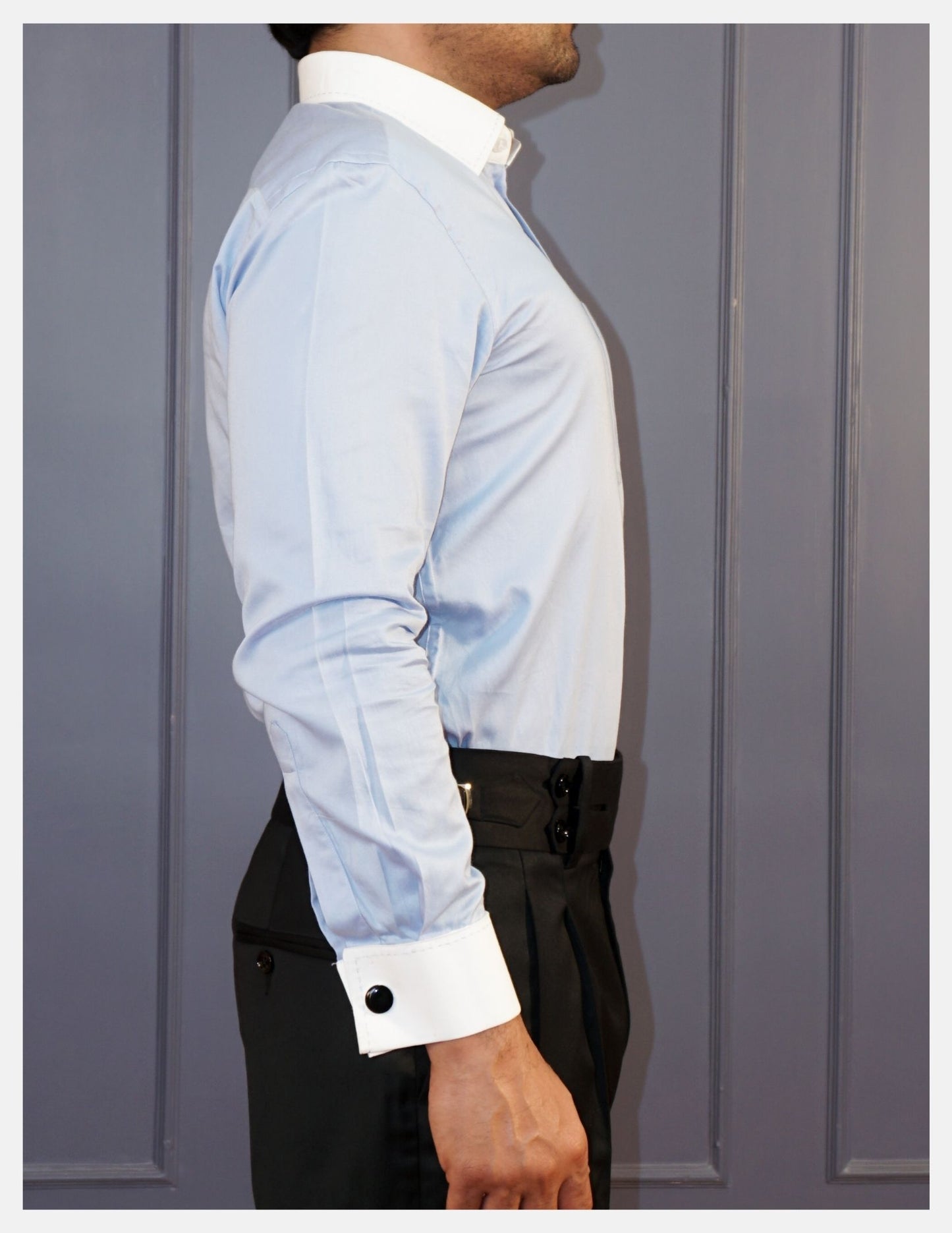 Light Blue Oxford Formal Shirt for Men – White Contrast Collar & French Cuffs | Dignity | Side View