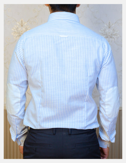 Light Blue Striped Linen Shirt for Men – White Contrast Button-Down Collar | Dignity | Back View with Elbow Patches