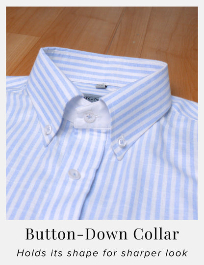 Light Blue Striped Linen Shirt for Men – White Contrast Button-Down Collar | Dignity | Button-Down Collar Detail View