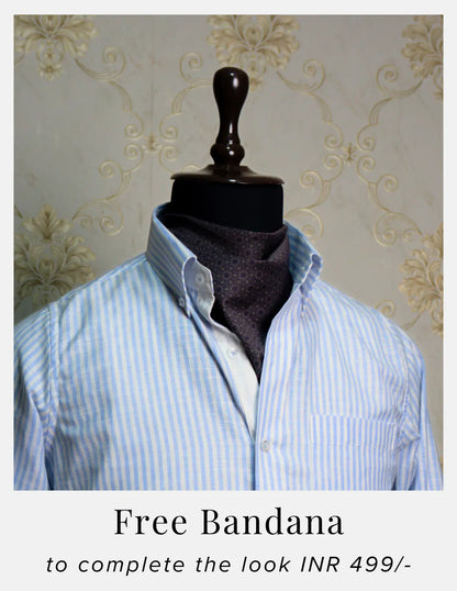 Light Blue Striped Linen Shirt for Men – White Contrast Button-Down Collar | Dignity | Complimentary Bandana Styling View