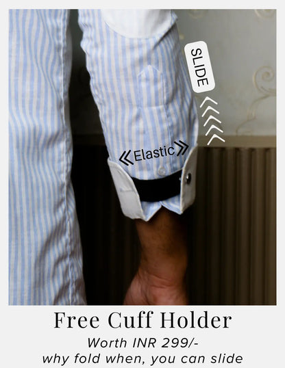 Light Blue Striped Linen Shirt for Men – White Contrast Button-Down Collar | Dignity | Complimentary Cuff Holder Detail View