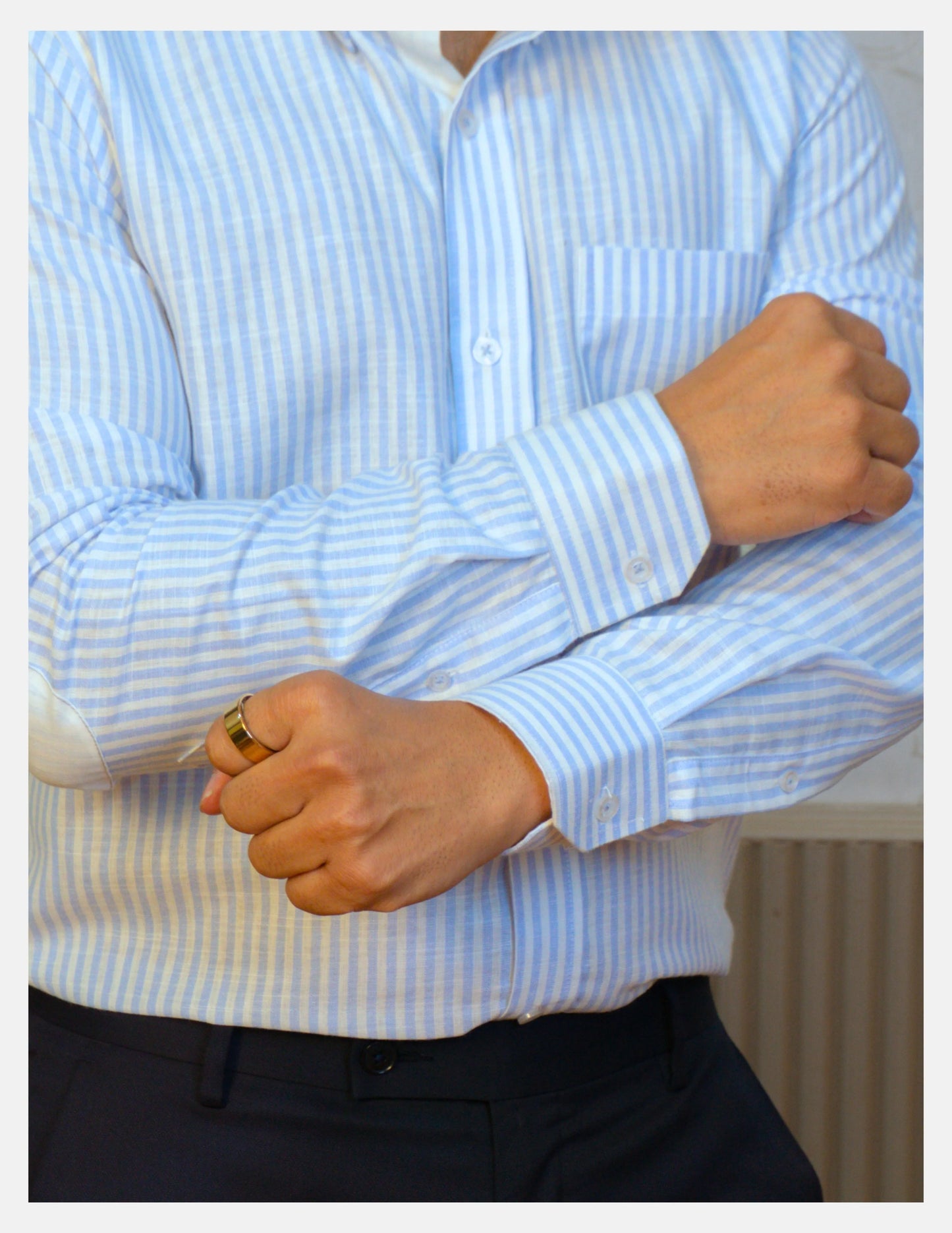 Light Blue Striped Linen Shirt for Men – White Contrast Button-Down Collar | Dignity | Cuff and Sleeve Detail View