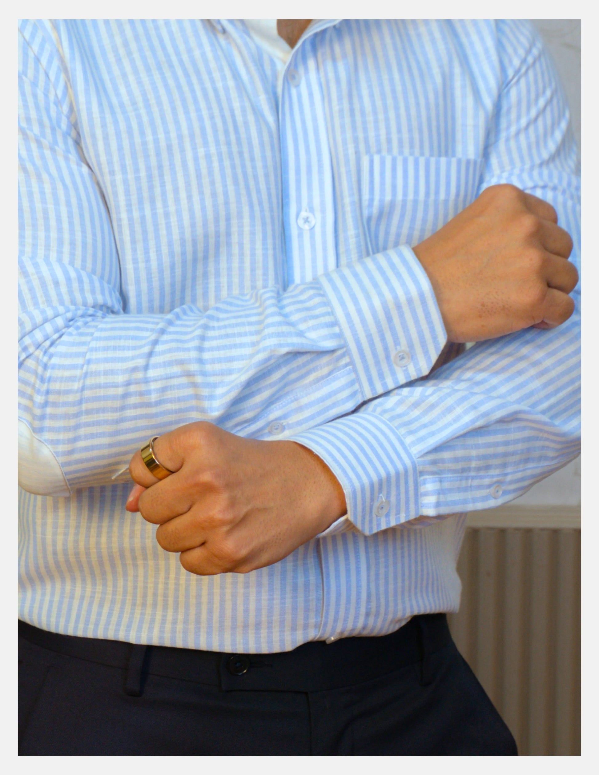 Light Blue Striped Linen Shirt for Men – White Contrast Button-Down Collar | Dignity | Cuff and Sleeve Detail View