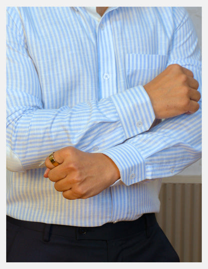 Light Blue Striped Linen Shirt for Men – White Contrast Button-Down Collar | Dignity | Cuff and Sleeve Detail View