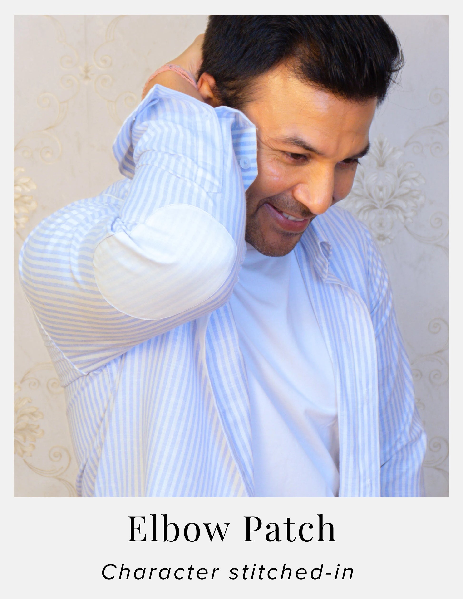 Light Blue Striped Linen Shirt for Men – White Contrast Button-Down Collar | Dignity | Elbow Patch Detail View