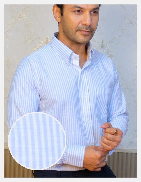 Light Blue Striped Linen Shirt for Men – White Contrast Button-Down Collar | Dignity | Fabric Texture Front View