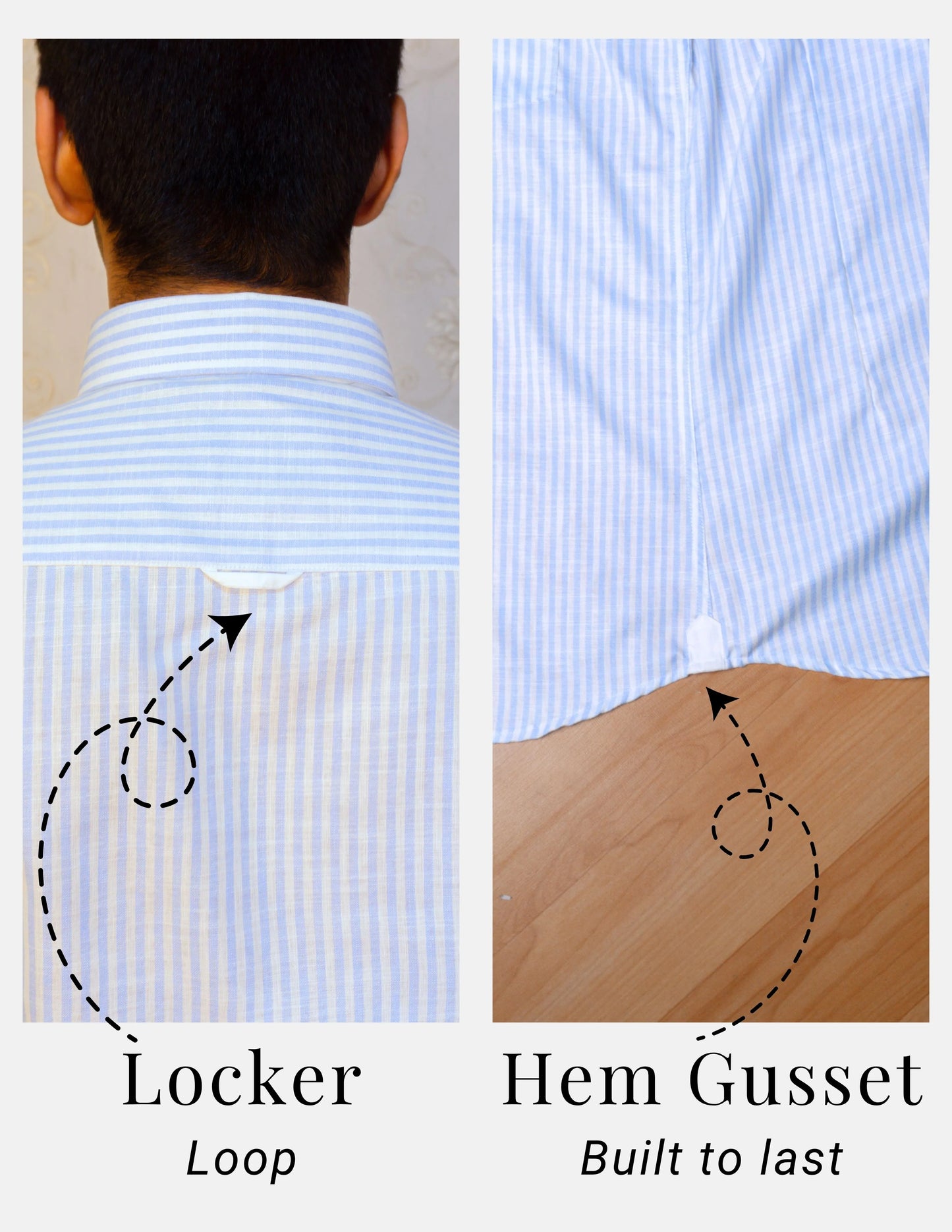 Light Blue Striped Linen Shirt for Men – White Contrast Button-Down Collar | Dignity | Locker Loop and Hem Gusset Detail View