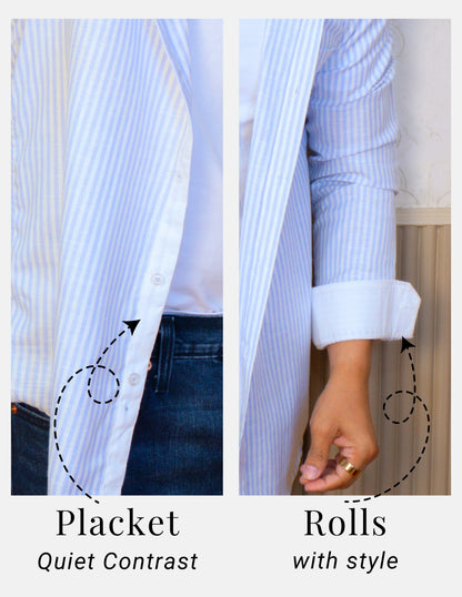 Light Blue Striped Linen Shirt for Men – White Contrast Button-Down Collar | Dignity | Placket and Turn-Up Sleeve Detail View