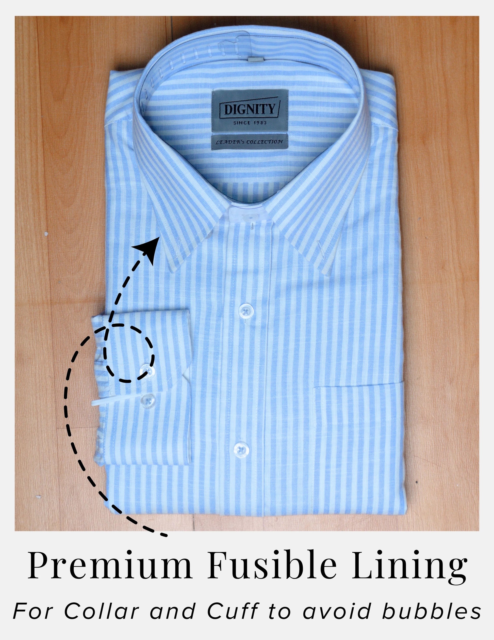 Light Blue Striped Linen Shirt for Men – White Contrast Button-Down Collar | Dignity | Premium Fusible Lining Collar and Cuff View