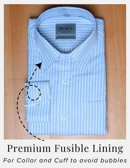 Light Blue Striped Linen Shirt for Men – White Contrast Button-Down Collar | Dignity | Premium Fusible Lining Collar and Cuff View