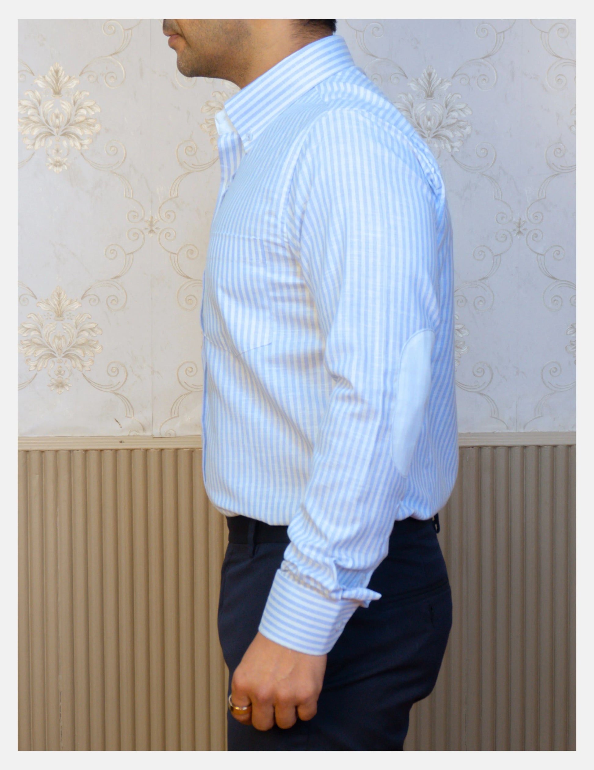 Light Blue Striped Linen Shirt for Men – White Contrast Button-Down Collar | Dignity | Side View with Elbow Patch