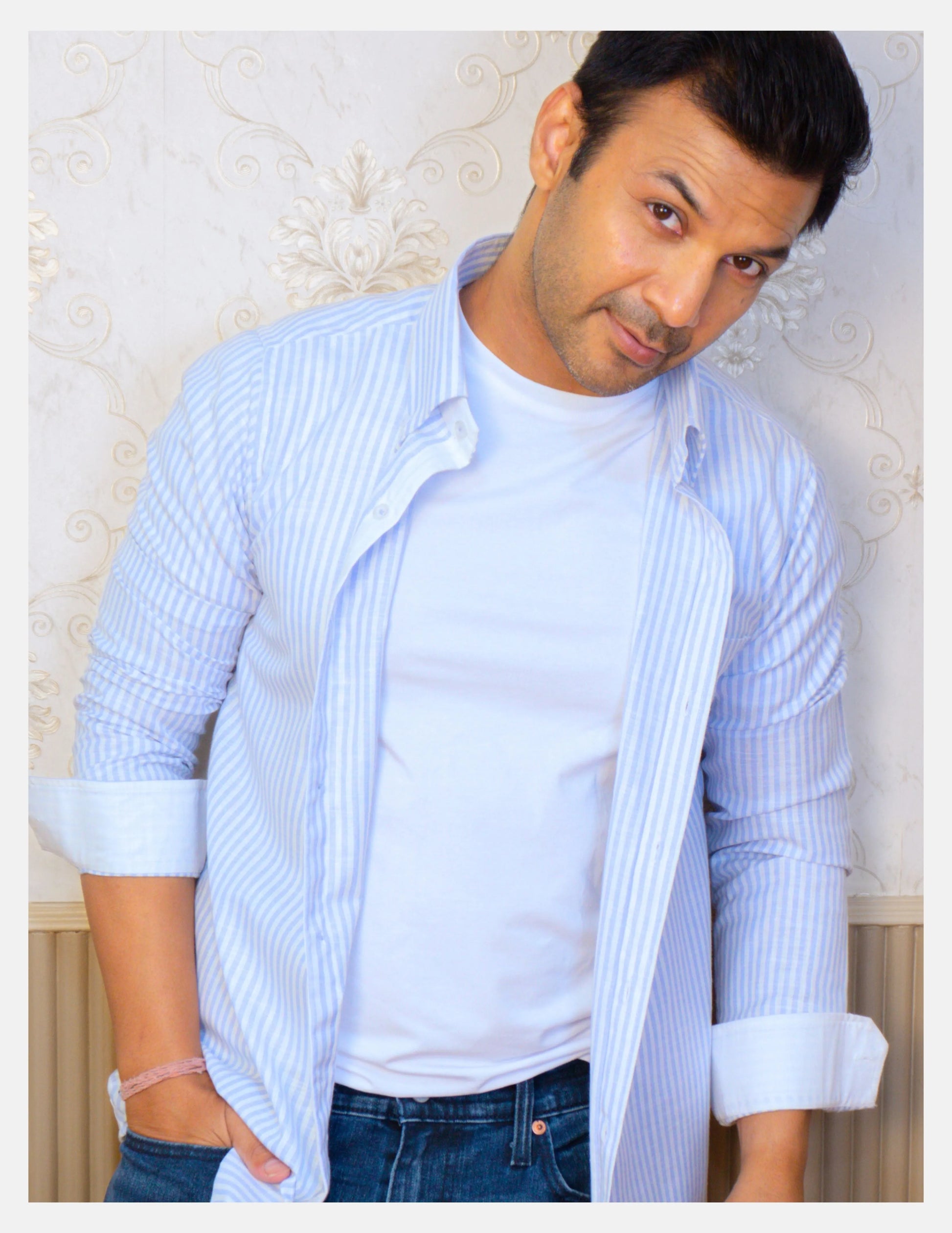 Light Blue Striped Linen Shirt for Men – White Contrast Button-Down Collar | Dignity | Smart Casual Front View