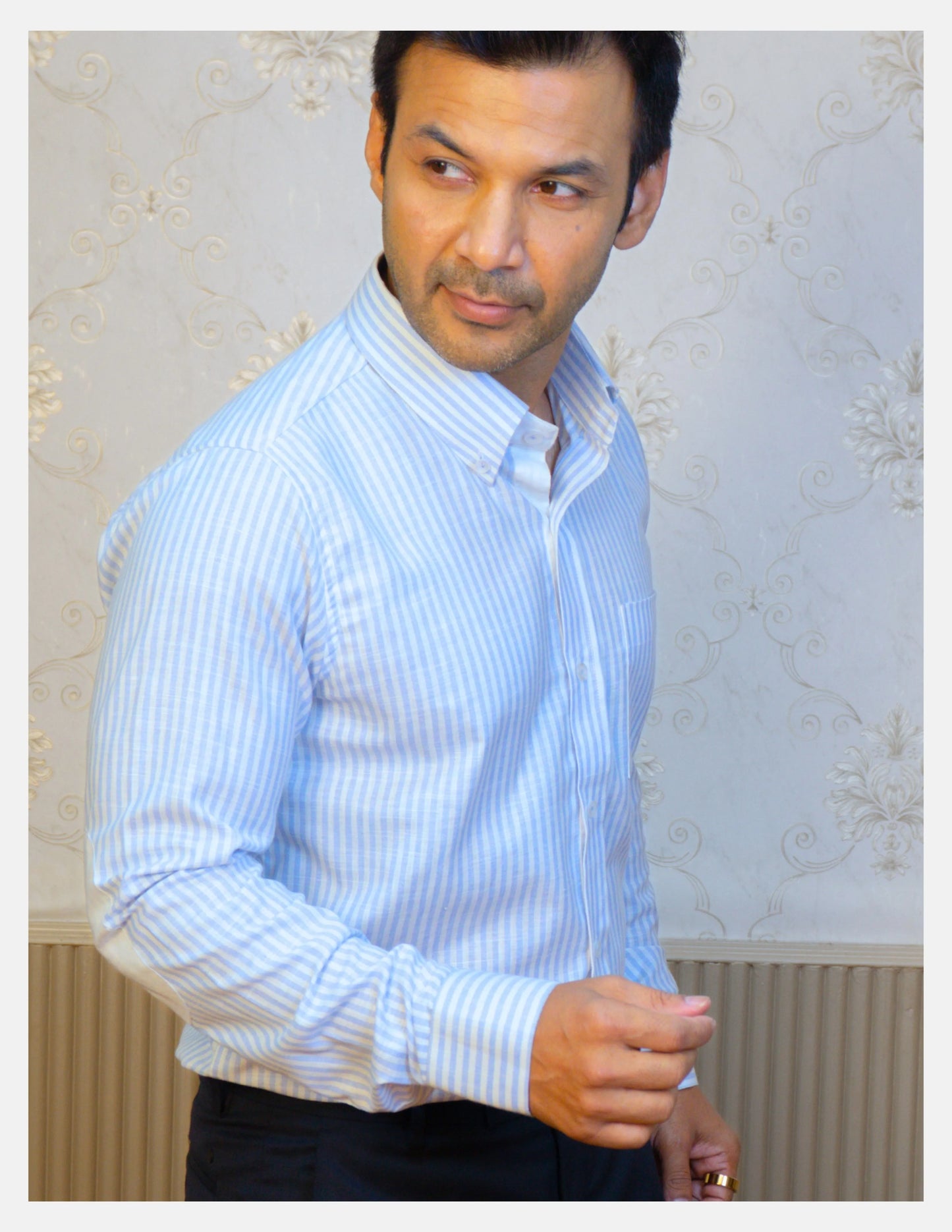 Light Blue Striped Linen Shirt for Men – White Contrast Button-Down Collar | Dignity | Tucked-In Smart Formal View