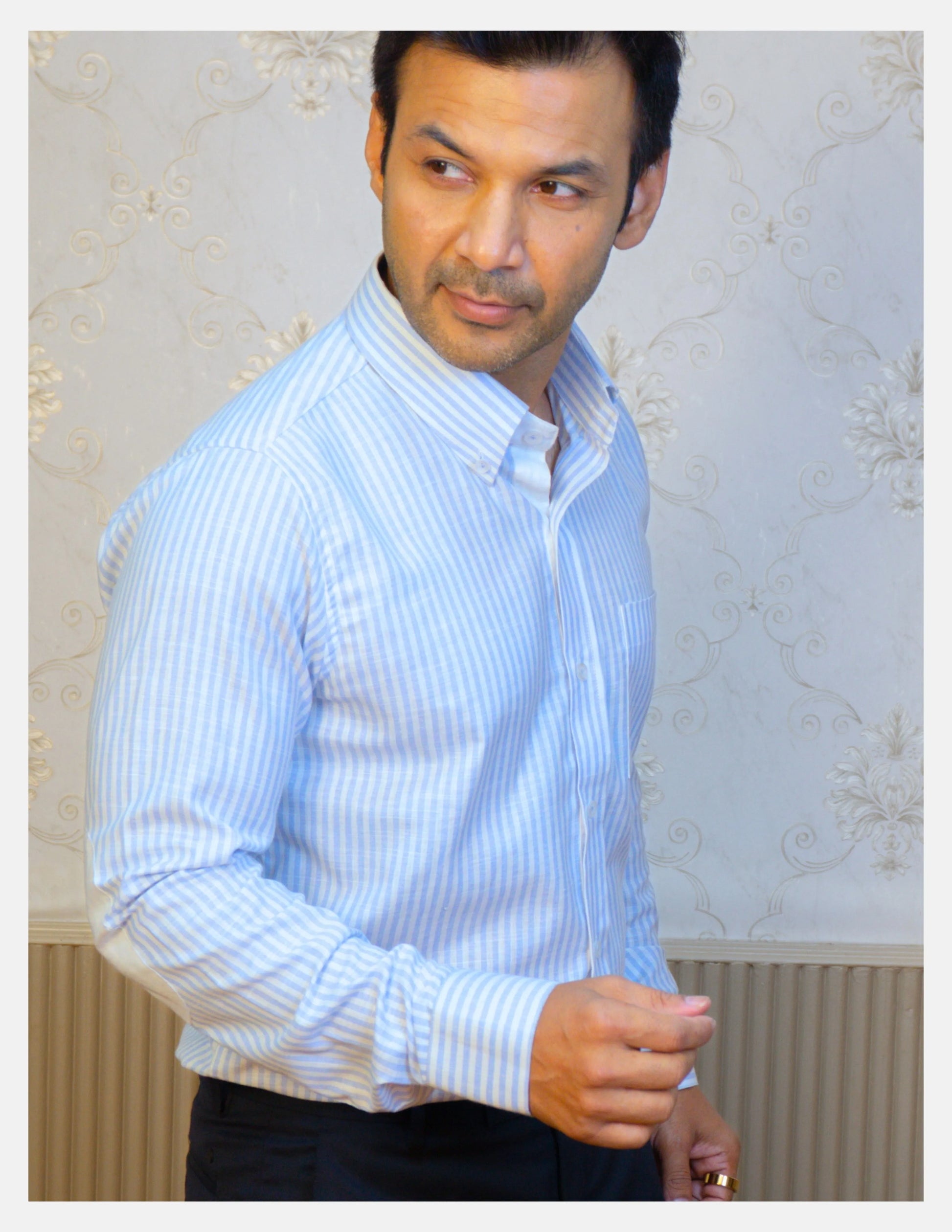 Light Blue Striped Linen Shirt for Men – White Contrast Button-Down Collar | Dignity | Tucked-In Smart Formal View
