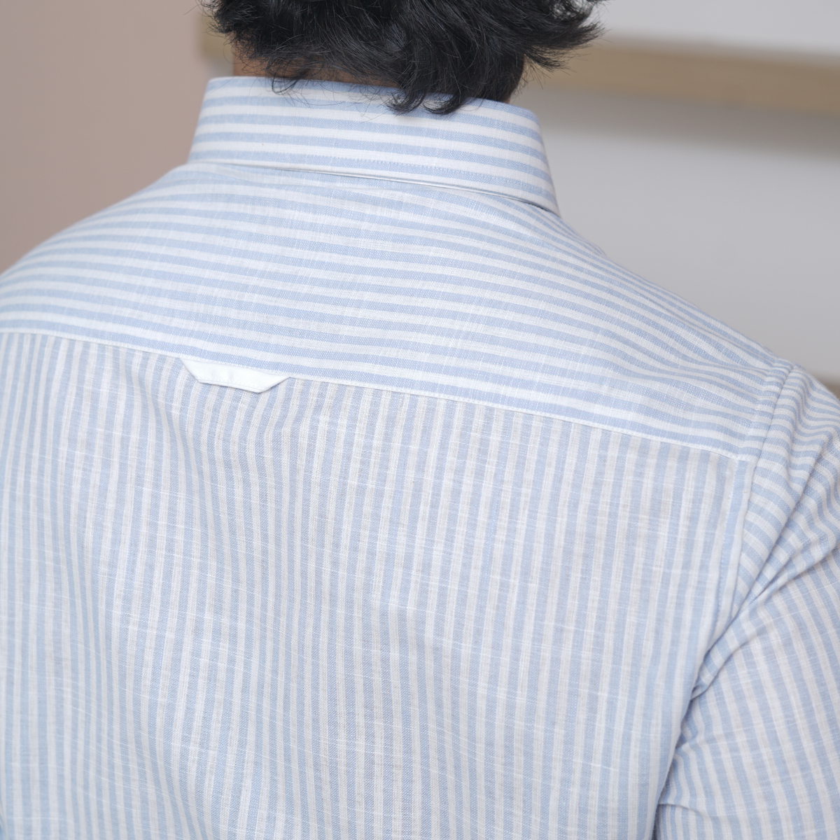 Light Blue Striped Linen Shirt for Men – White Contrast Button-Down Collar/ back view