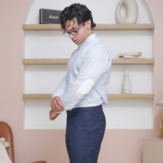 Light Blue Striped Linen Shirt for Men – White Contrast Button-Down Collar/ side1 view