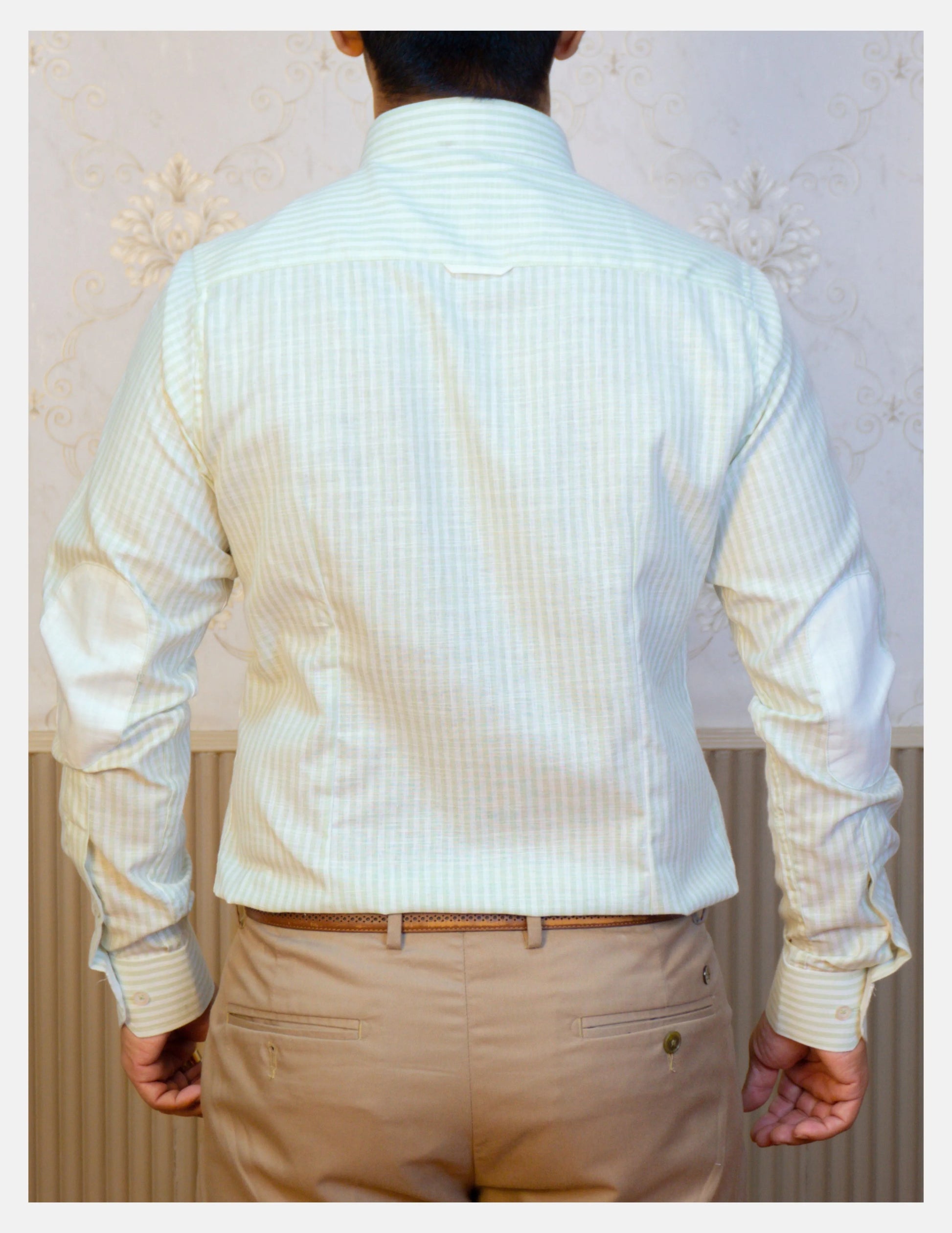 Light Green Striped Linen Shirt for Men – White Contrast Button-Down Collar | Dignity | Back View with Elbow Patches