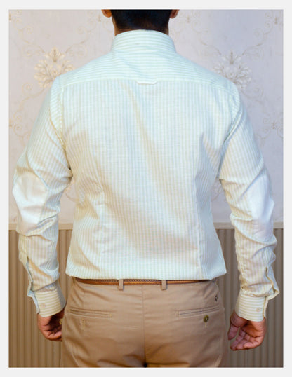 Light Green Striped Linen Shirt for Men – White Contrast Button-Down Collar | Dignity | Back View with Elbow Patches