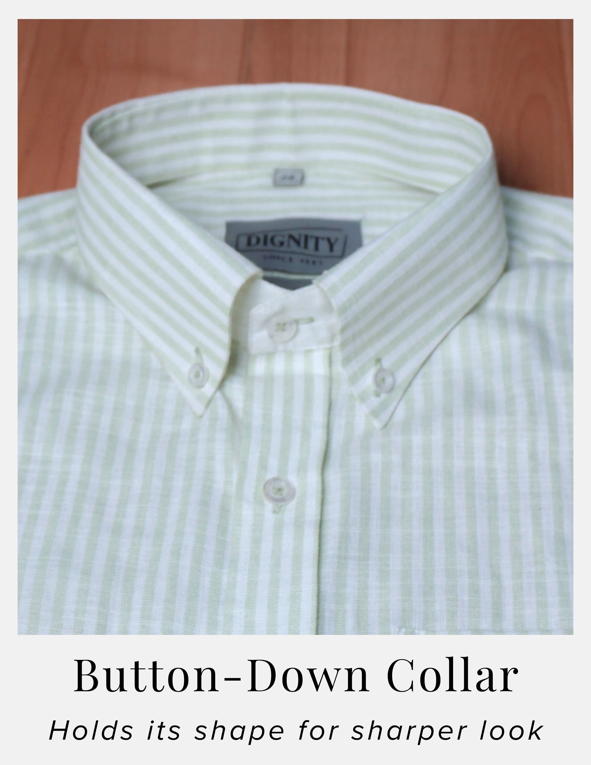 Light Green Striped Linen Shirt for Men – White Contrast Button-Down Collar | Dignity | Button-Down Collar Detail View