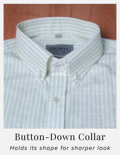 Light Green Striped Linen Shirt for Men – White Contrast Button-Down Collar | Dignity | Button-Down Collar Detail View