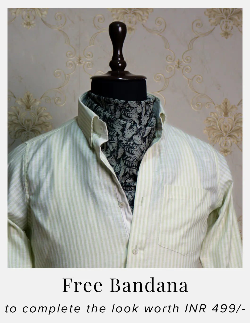 Light Green Striped Linen Shirt for Men – White Contrast Button-Down Collar | Dignity | Complimentary Bandana Styling View