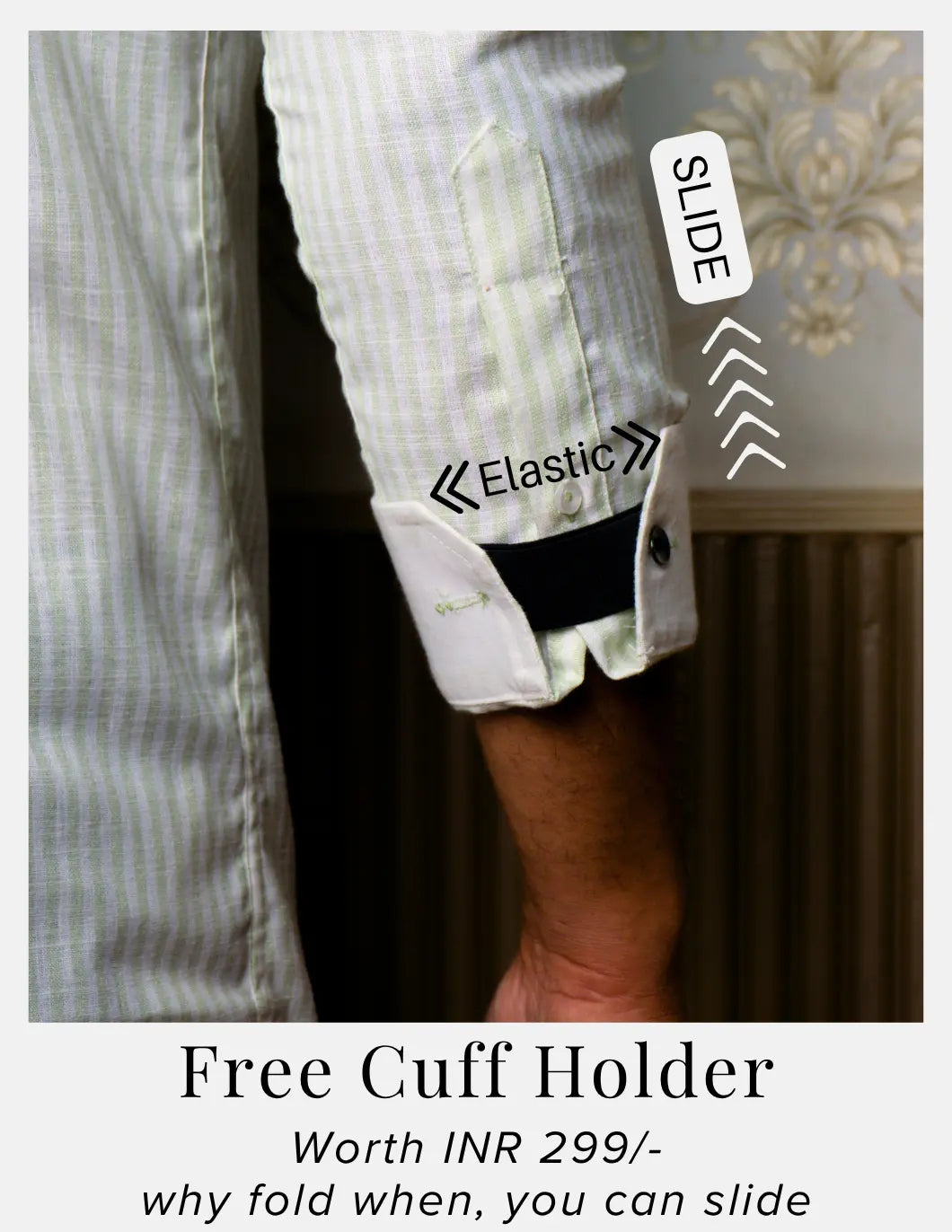 Light Green Striped Linen Shirt for Men – White Contrast Button-Down Collar | Dignity | Complimentary Cuff Holder Detail View